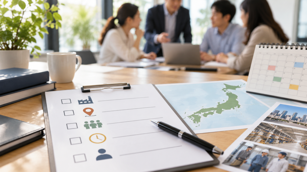 外国人材の受け入れ相談前に企業の条件を整理する様子